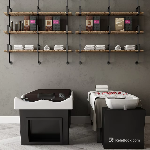 Modern Massage Chair in Relaxing Spa Room with Shelves Towels and Essential Oil Bottles 3d model 