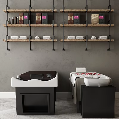 Modern Massage Chair in Relaxing Spa Room with Shelves Towels and Essential Oil Bottles 3d model