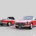 Two Classic Red Convertible Cars With Vintage Exterior Design And Open Tops