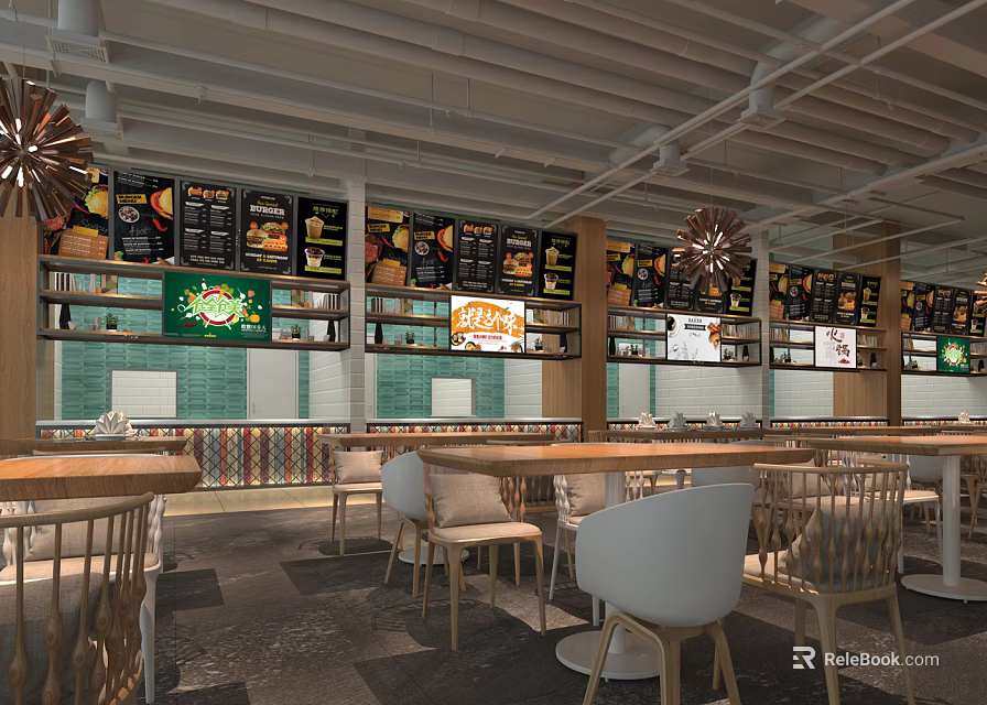 Bright Restaurant Interior With Hanging Menu Boards And Wooden Tables Chairs 3d model 