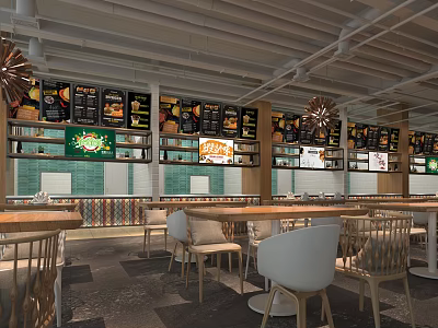 Bright Restaurant Interior With Hanging Menu Boards And Wooden Tables Chairs 3d model