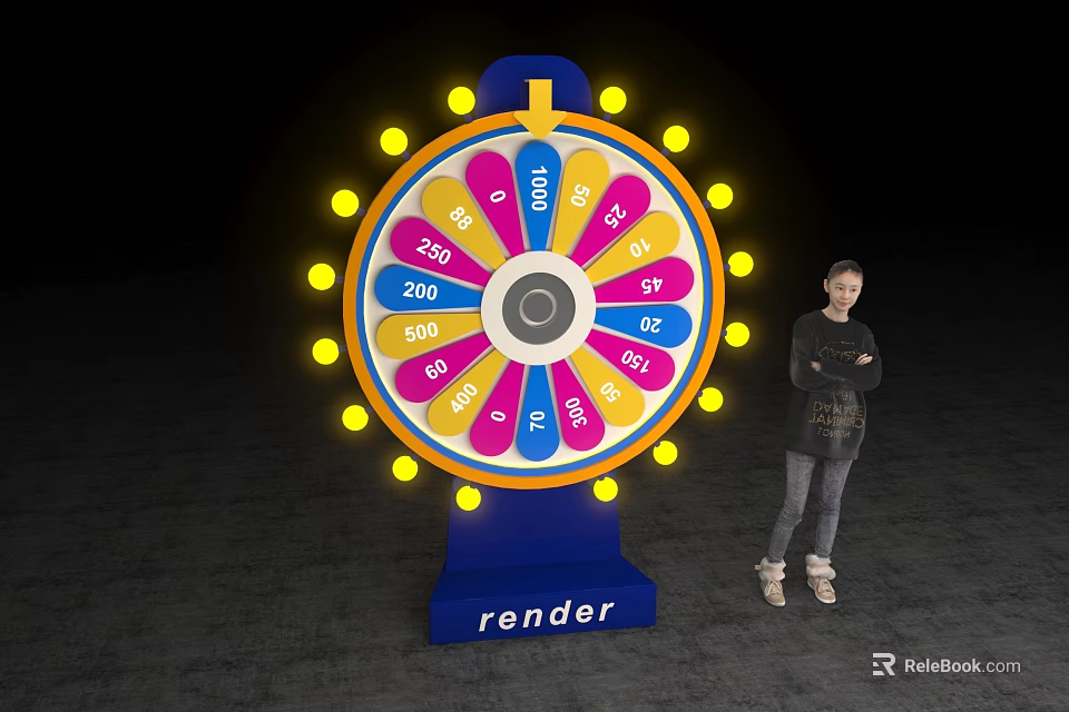 Colorful Fortune Wheel With Numbers And Light Bulbs Rendered With Person Standing 3d model 