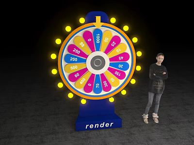 Colorful Fortune Wheel With Numbers And Light Bulbs Rendered With Person Standing 3d model