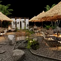 Outdoor Café With Straw Umbrellas Japanese Signage Green Plants And Stone Path