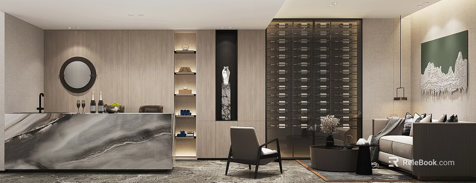Modern Bar Area With Marble Counter Display Shelves And Wine Rack 3d model