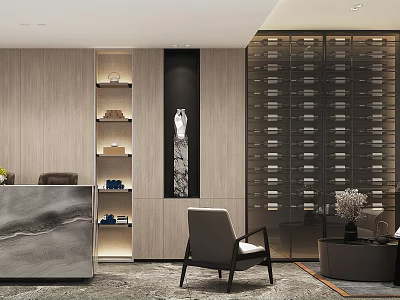 Modern Bar Area With Marble Counter Display Shelves And Wine Rack 3d model