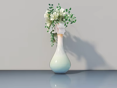 Light Blue Gradient Vase With White Flowers And Green Leaves On Gray Table 3d model