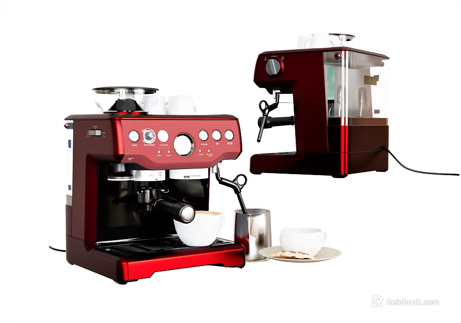 Red Coffee Maker Kitchen Appliance Featuring Milk Jug Cups And Modern Design 3d model 