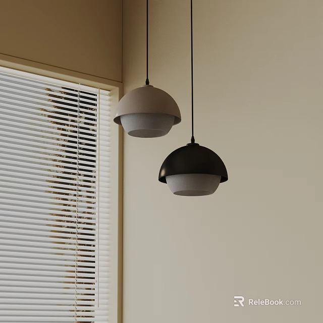 Two Modern Pendant Lights Light And Dark Colored In Room Corner With Window Blinds 3d model 