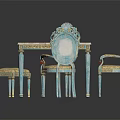 Elegant Dining Table Set With Marble Tabletop Blue Legs And Decorative Upholstered Chairs