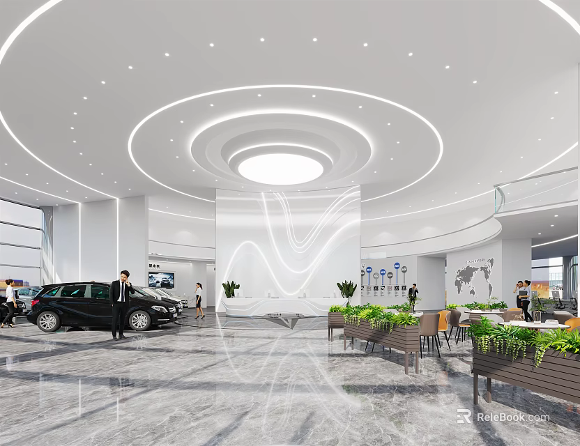 4S Store Elegant Showroom Interior With Car Display Green Plants And Modern Lighting 3d model 