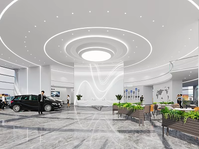 4S Store Elegant Showroom Interior With Car Display Green Plants And Modern Lighting 3d model