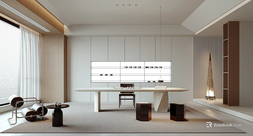 Modern Minimalist Tea Room Interior With Long Table And Cabinets 3d model