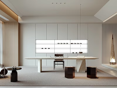 Modern Minimalist Tea Room Interior With Long Table And Cabinets 3d model