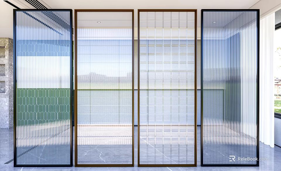 Modern Interior Room Dividers With Glass Panels And Grid Pattern Frames 3d model 