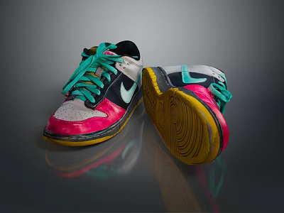 Colorful Nike Sneakers With Green Laces Black White Upper Pink Toe Cap And Yellow Sole 3d model