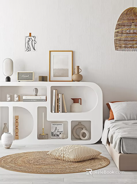 Modern White Decorative Cabinet With Books Vases And Wall Art In Bedroom 3d model 