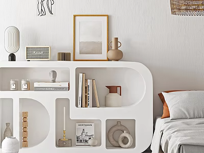 Modern White Decorative Cabinet With Books Vases And Wall Art In Bedroom 3d model