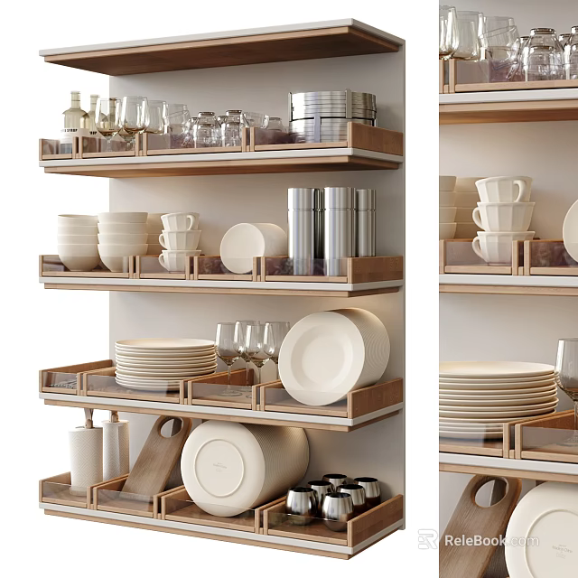 Modern Dinnerware Set With Plates Bowls Cups And Glassware On Wooden Storage Shelf 3d model 