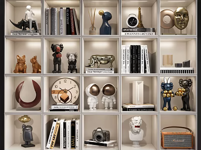 Decorative Ornament Sets On Cube Shelves With Books Sculptures Clocks Masks And Radios 3d model