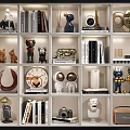 Decorative Ornament Sets On Cube Shelves With Books Sculptures Clocks Masks And Radios