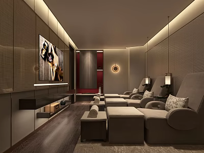 Modern SPA Sauna Relaxation Lounge With Comfortable Seats Decorative Art And Warm Lighting 3d model