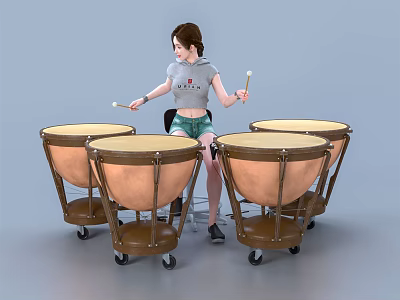 Woman Playing Timpani Drums With Drumsticks In Gray T-Shirt And Denim Shorts 3d model