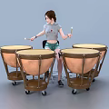Woman Playing Timpani Drums With Drumsticks In Gray T-Shirt And Denim Shorts