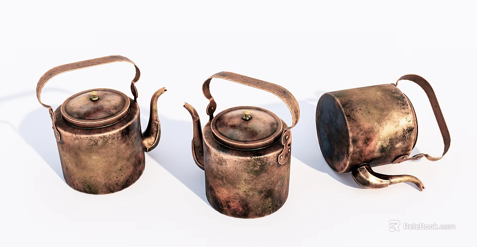 Vintage Copper Teapots Set With Aged Rustic Finish And Classic Design 3d model