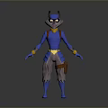 Anthropomorphic Fox Game Character in Blue Outfit with Yellow Accents Masked 3D Model Standing Pose