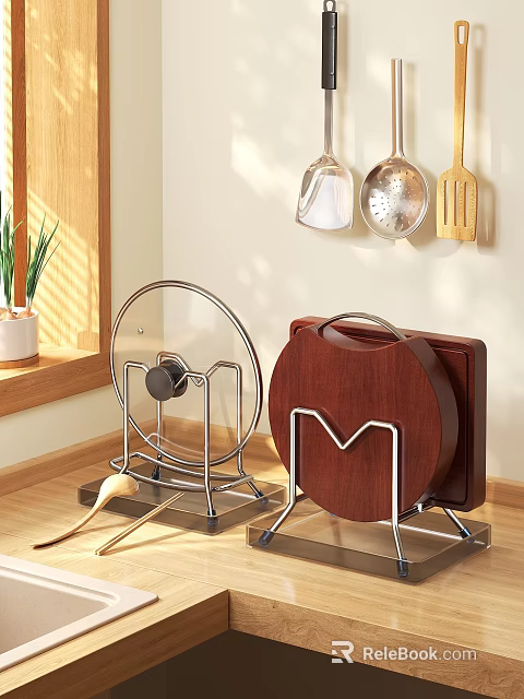 Kitchen Metal Cutting Board Holders With Wooden Transparent Boards Wall Utensils And Plant 3d model 
