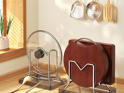 Kitchen Metal Cutting Board Holders With Wooden Transparent Boards Wall Utensils And Plant 3d model