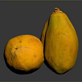 Three Ripe Yellow Papayas On Dark Reflective Surface With Smooth Skin