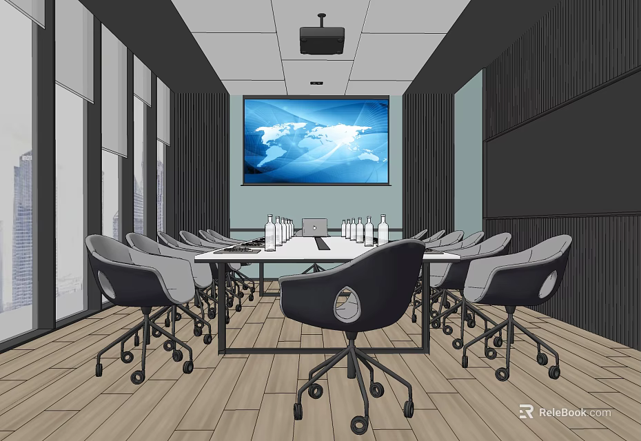 Modern Conference Room With Long Table Rolling Chairs Large World Map Screen And Windows 3d model 
