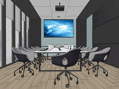 Modern Conference Room With Long Table Rolling Chairs Large World Map Screen And Windows 3d model