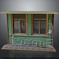 Small Green Building Exterior With Two Windows Wooden Frames Awning Metal Railing And Patterned Mat