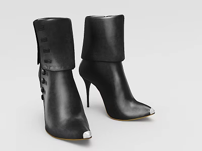 Black Leather Ankle Boots With Pointed Toe Stiletto Heel And Fold Over Cuff 3d model