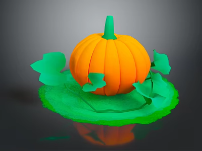 Fresh Orange Pumpkin With Green Stem And Leaves On Green Base 3d model