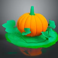 Fresh Orange Pumpkin With Green Stem And Leaves On Green Base