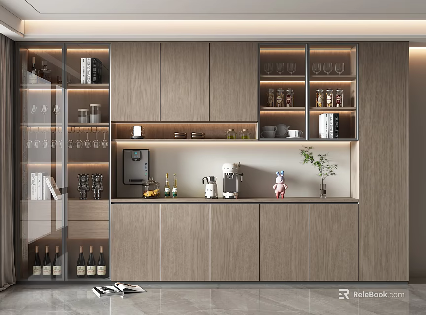 Modern Wine Cabinet With Glass Doors Wooden Storage Shelves Wine Bottles Coffee Machine And Decorations 3d model 