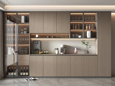 Modern Wine Cabinet With Glass Doors Wooden Storage Shelves Wine Bottles Coffee Machine And Decorations 3d model