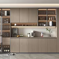 Modern Wine Cabinet With Glass Doors Wooden Storage Shelves Wine Bottles Coffee Machine And Decorations