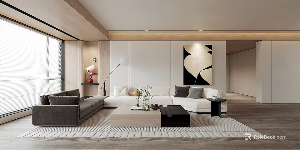 Modern Minimalist Living Room Interior With White Sofa Wooden Coffee Table Decorative Art And Soft Rugs 3d model 