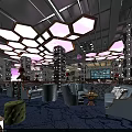 Stylish Bar Interior With Purple Lighting Geometric Ceiling And Cozy Seating