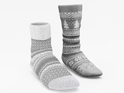 Gray And White Winter Socks With Tree Snowflake And Geometric Patterns 3d model