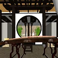 Traditional Tea Room Interior Design With Round Window Guqin And Wooden Decor