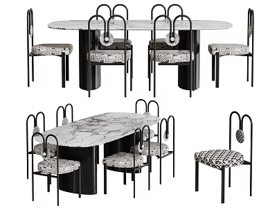 Modern Dining Table Set With Marble Tabletop Black Legs Curved Backrest Chairs And Patterned Cushions 3d model