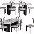 Modern Dining Table Set With Marble Tabletop Black Legs Curved Backrest Chairs And Patterned Cushions