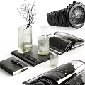 Decorative Accessories Set With Twig Glass Vase Black Watch Open Magazines Notebook And Glass Cup