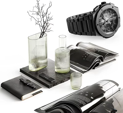 Decorative Accessories Set With Twig Glass Vase Black Watch Open Magazines Notebook And Glass Cup 3d model